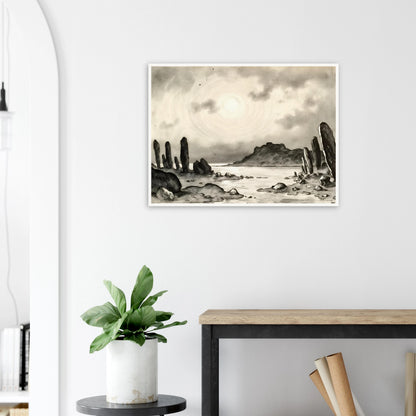 Monochrome dreamscape of towering stone formations beside a tranquil shore beneath a glowing celestial sky, evoking mystery and timeless solitude.