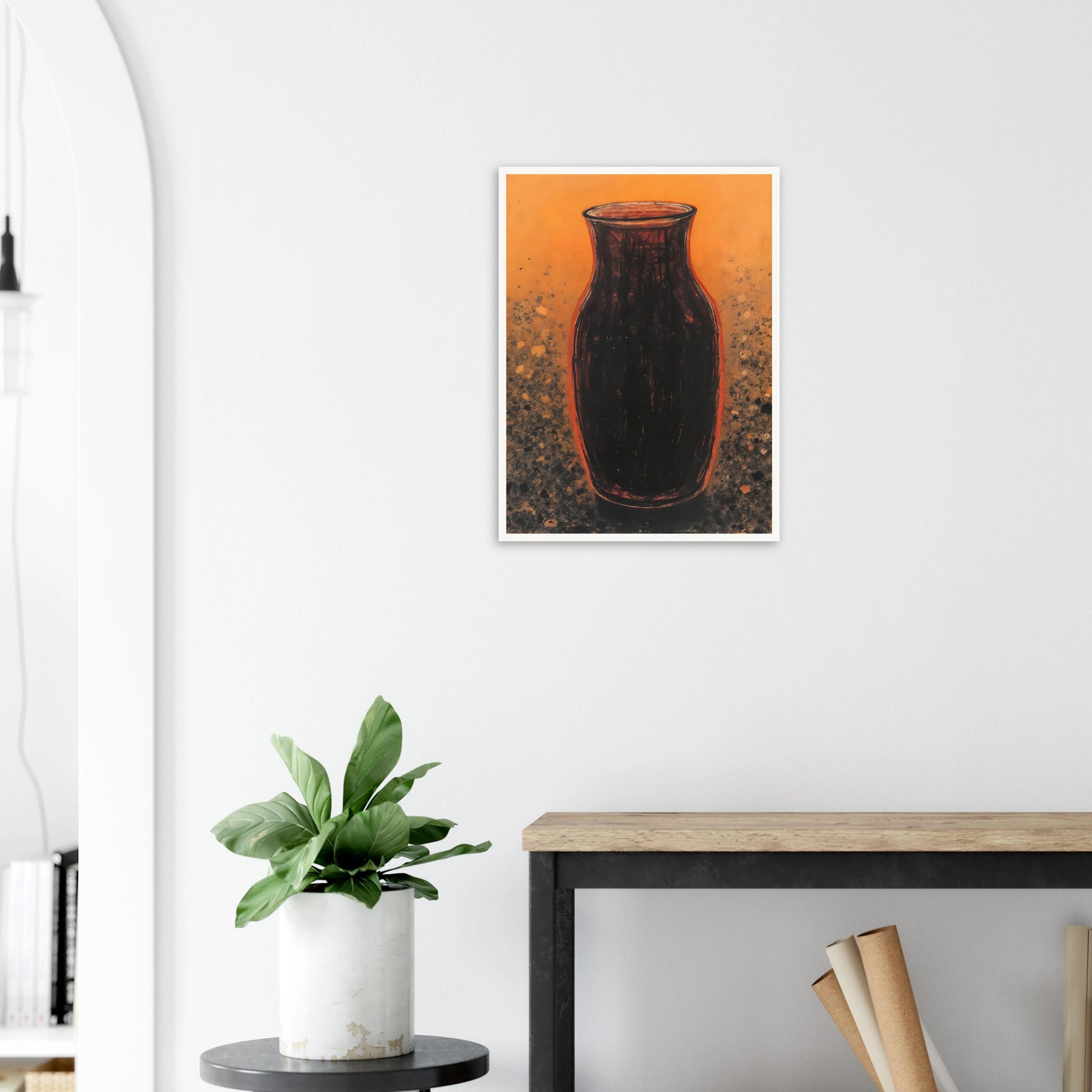 Dark sculptural vase rises against a glowing amber field with textured speckled earth tones, evoking warmth and ancient elegance.