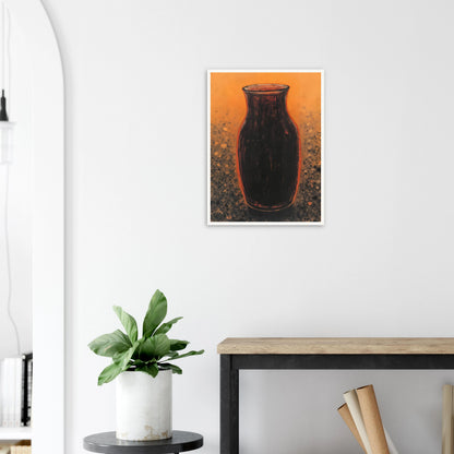 Dark sculptural vase rises against a glowing amber field with textured speckled earth tones, evoking warmth and ancient elegance.
