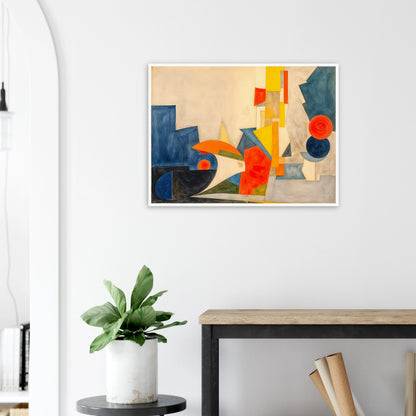 Dynamic geometric forms in blue, orange, and yellow intersect across a cream canvas, suggesting rhythm, motion, and light.