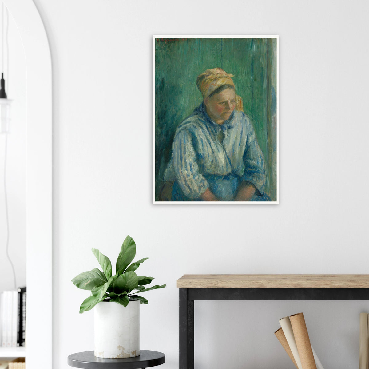 A seated washerwoman in a striped blue blouse and headscarf rests against a deep green background.