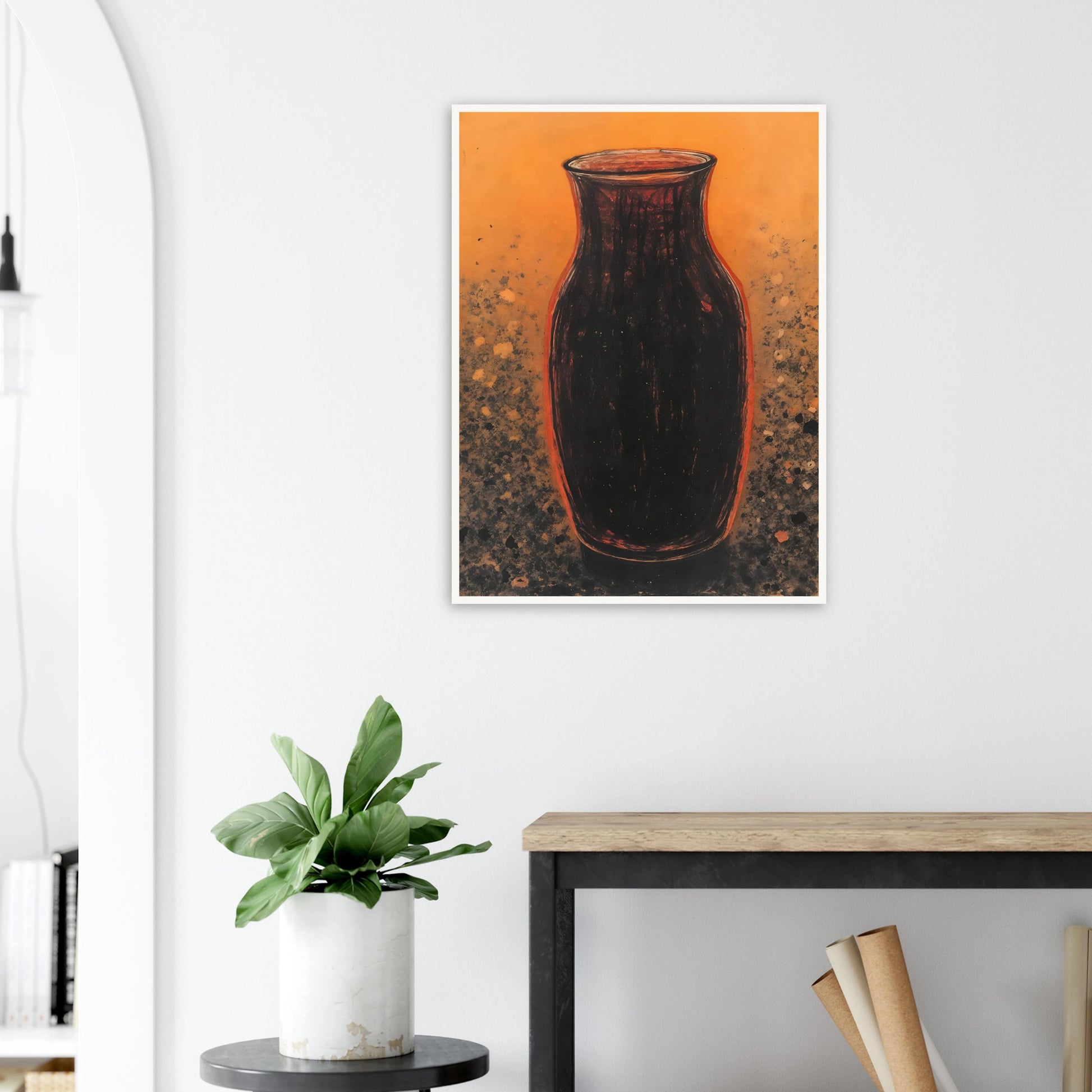 Dark sculptural vase rises against a glowing amber field with textured speckled earth tones, evoking warmth and ancient elegance.