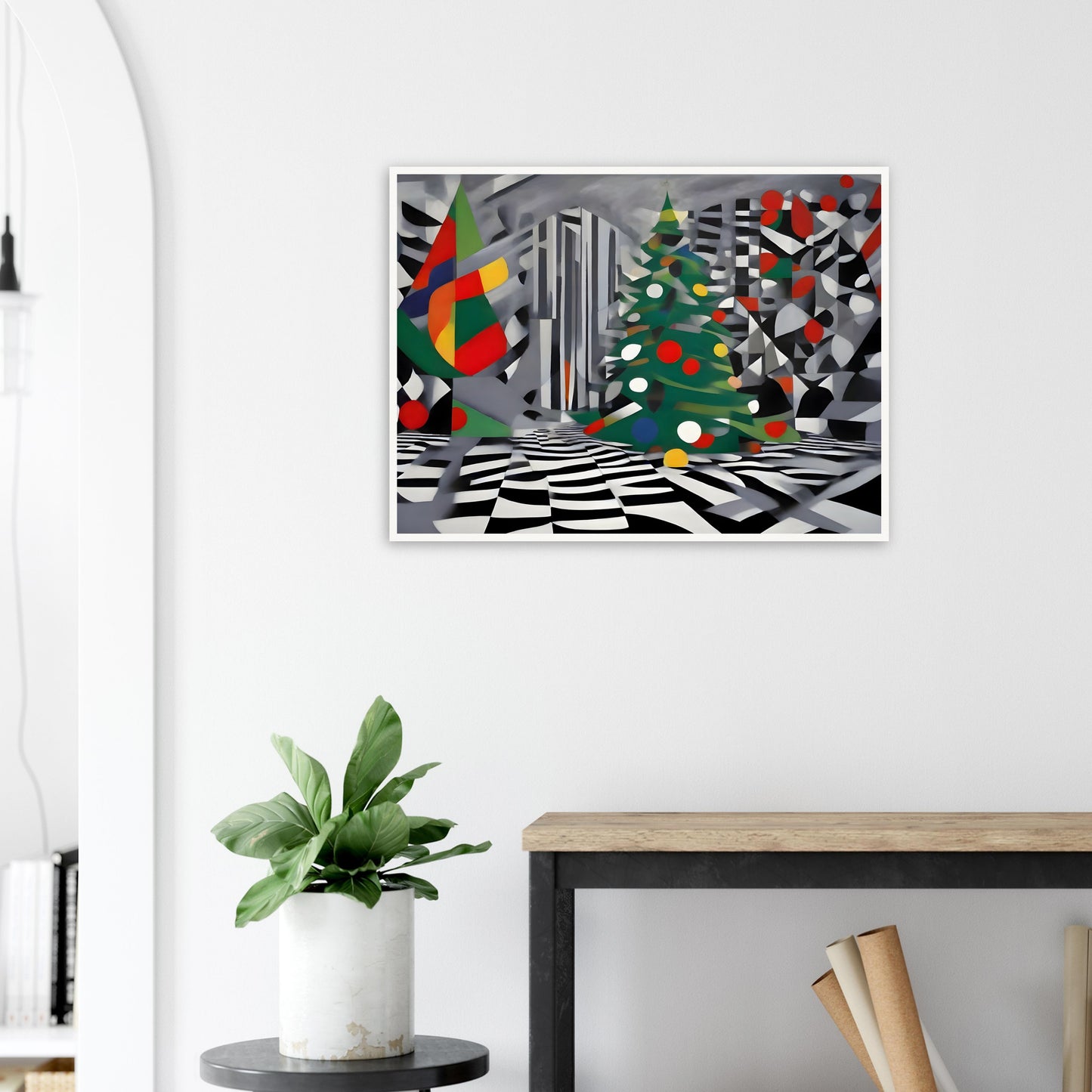 An abstract holiday scene featuring geometric Christmas trees with vibrant ornaments, set against a monochromatic patterned background.