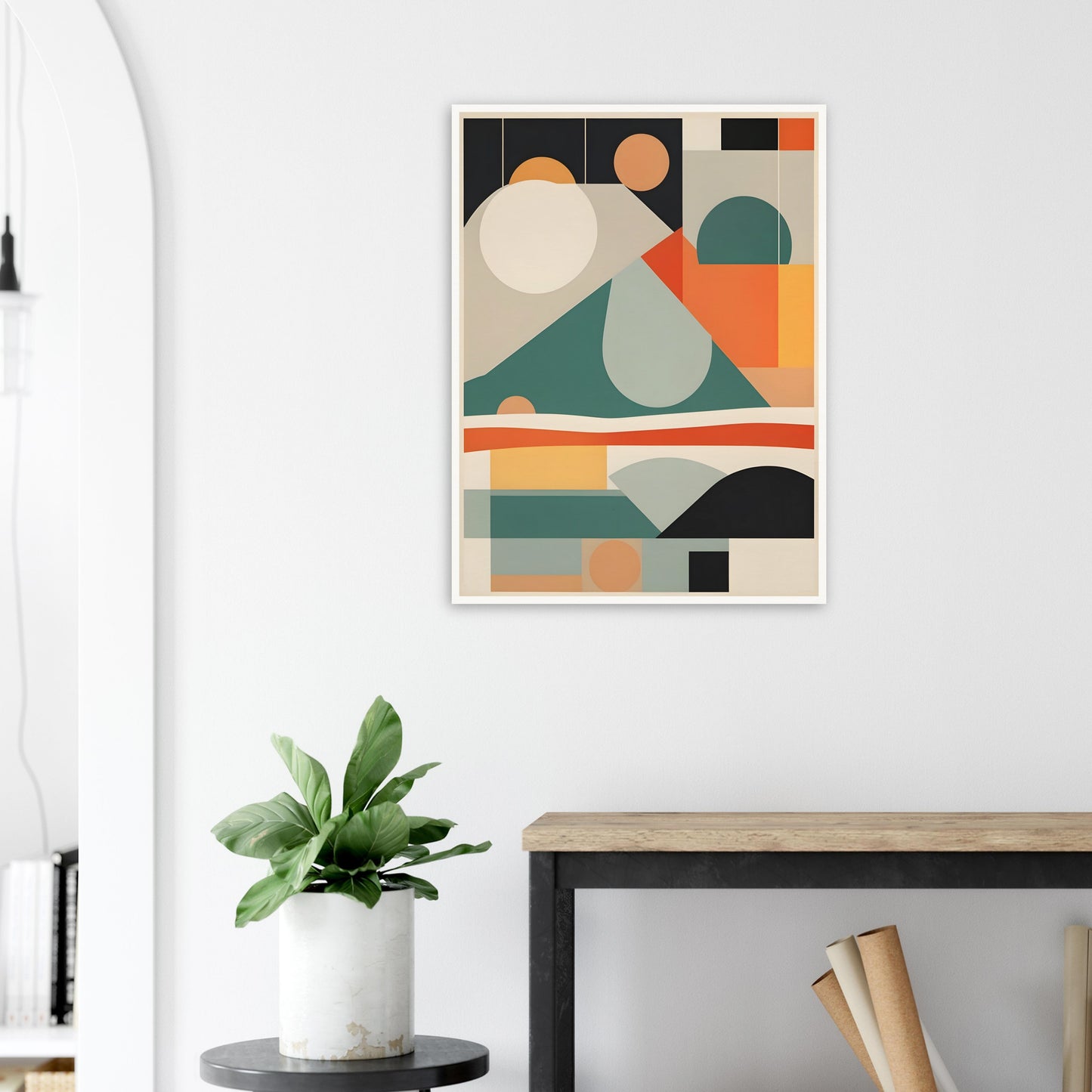 A geometric abstract painting with layered shapes resembling mountains, valleys, and the sun in earthy tones of teal, orange, beige, and black