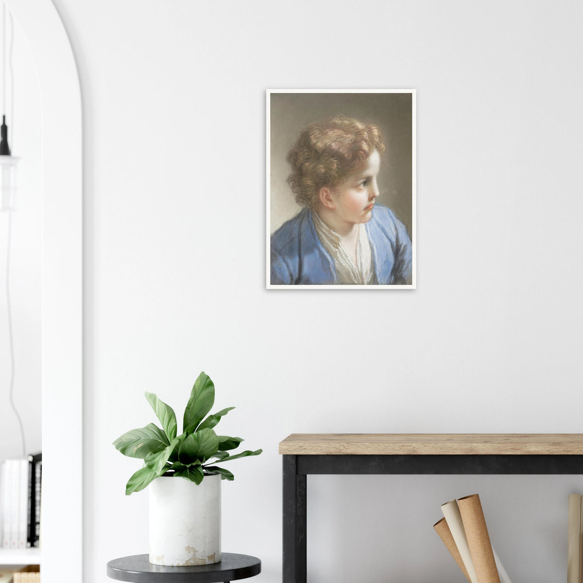 A young boy in a blue jacket looks to the side, softly rendered in pastel with warm curls and gentle light.