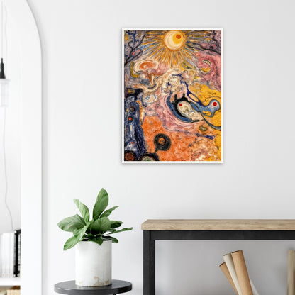 An abstract cosmic-inspired painting featuring a radiant sunburst at the top, swirling organic forms, flowing textures, and vibrant hues of gold, pink, blue, cream, and black that evoke a dreamlike universe in motion.