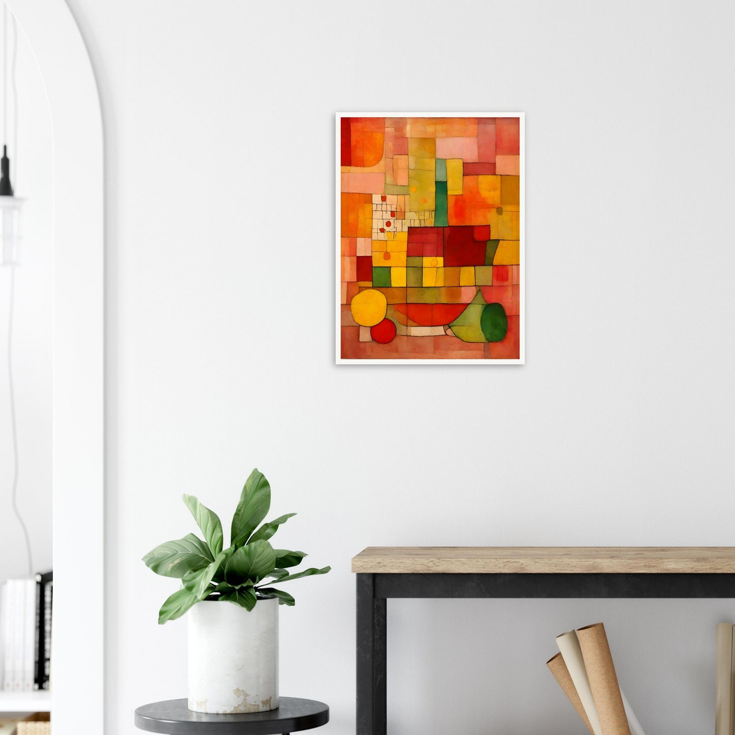 A warm-toned geometric composition with a grid of red, orange, yellow, and green shapes, creating a dynamic mosaic of color and texture.