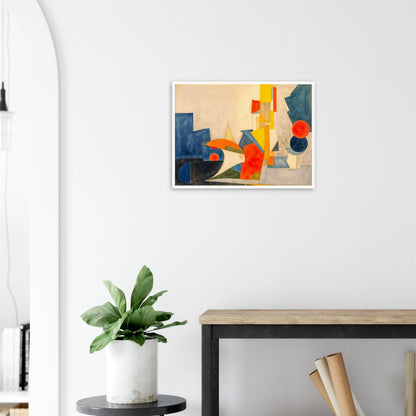 Dynamic geometric forms in blue, orange, and yellow intersect across a cream canvas, suggesting rhythm, motion, and light.