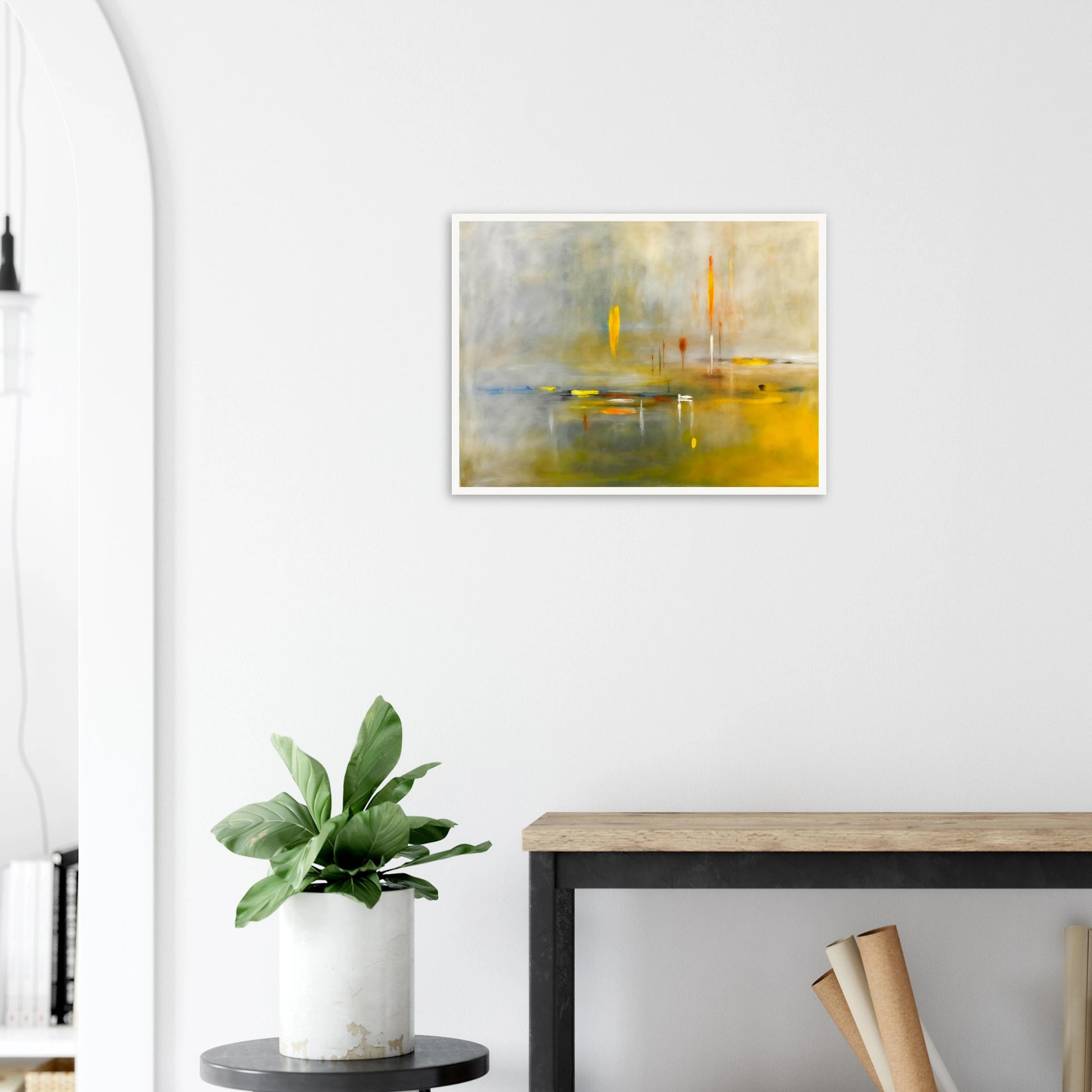 Ethereal waterscape with soft mist, luminous gold reflections, and delicate vertical lights drifting across a tranquil horizon.
