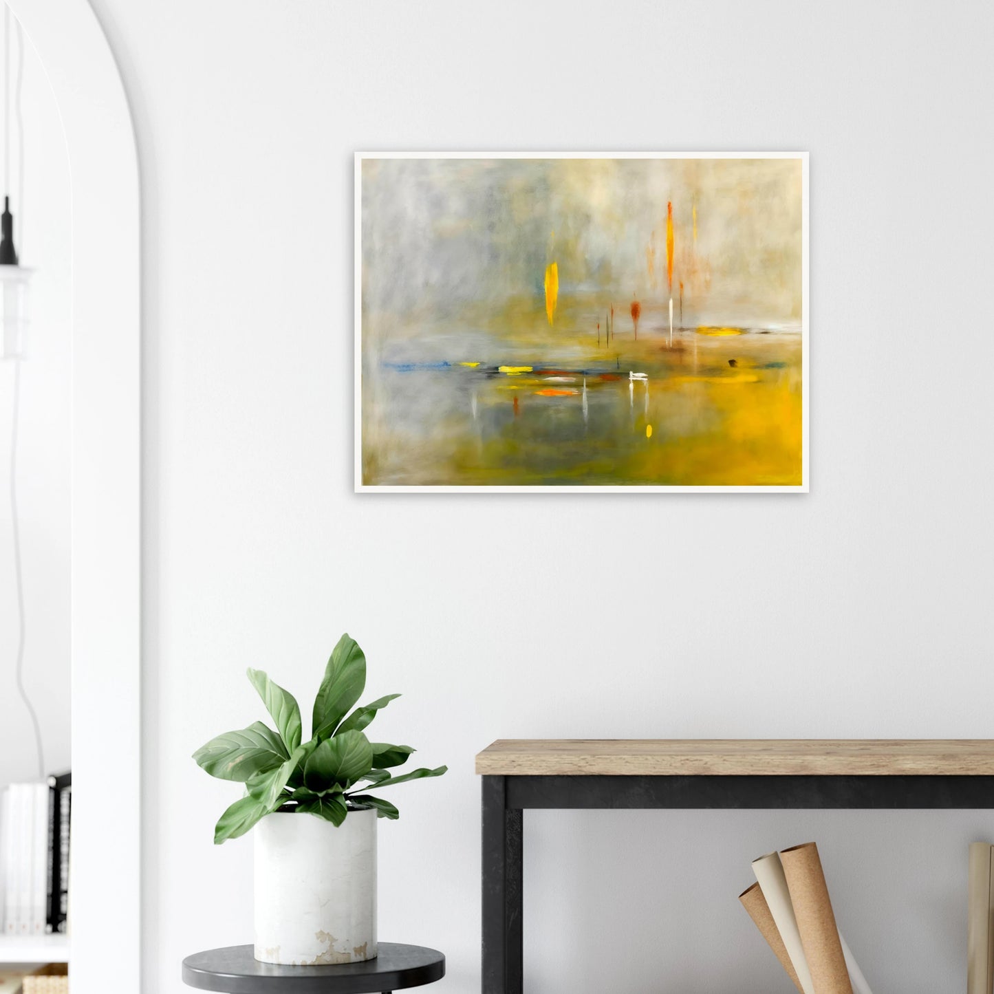 Ethereal waterscape with soft mist, luminous gold reflections, and delicate vertical lights drifting across a tranquil horizon.