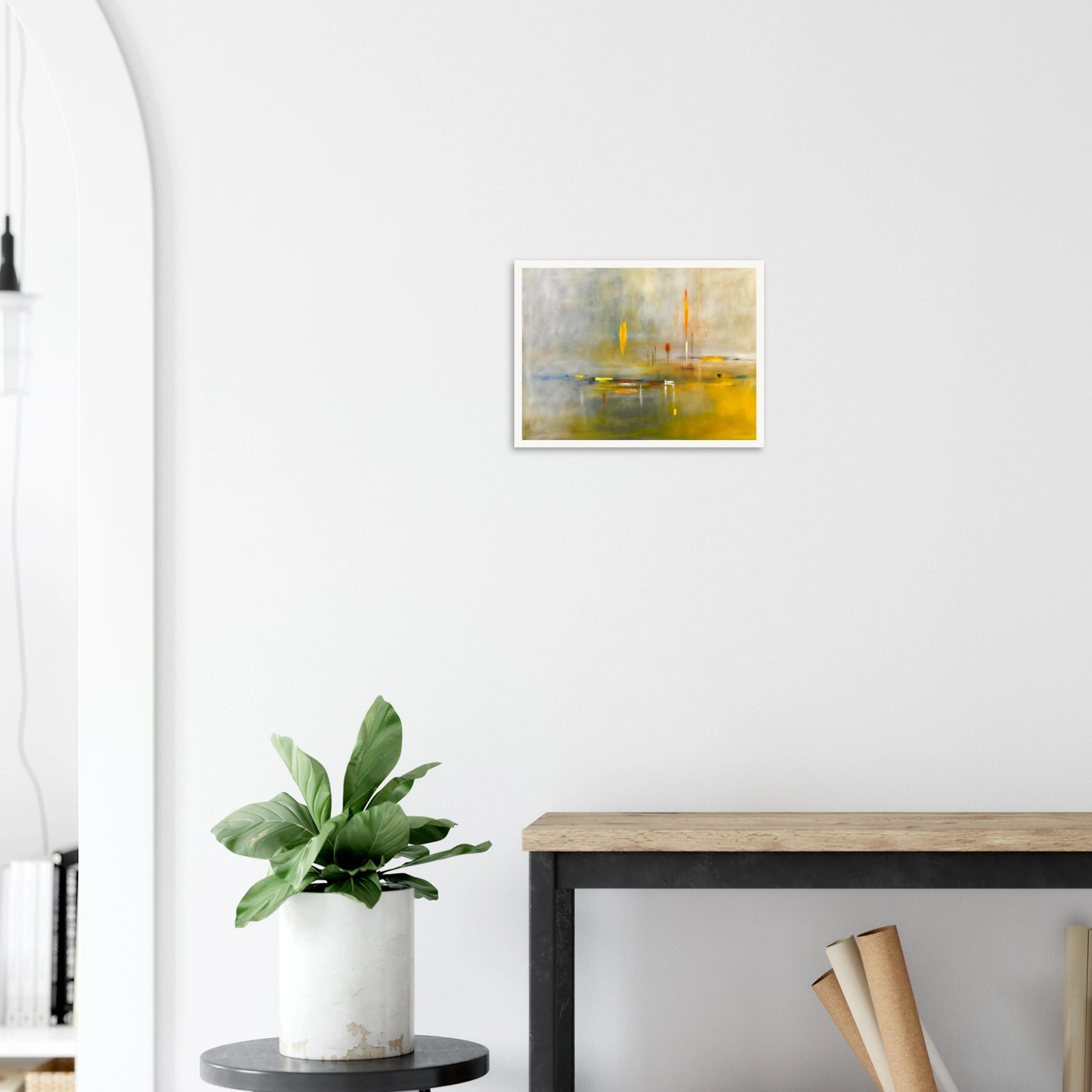Ethereal waterscape with soft mist, luminous gold reflections, and delicate vertical lights drifting across a tranquil horizon.