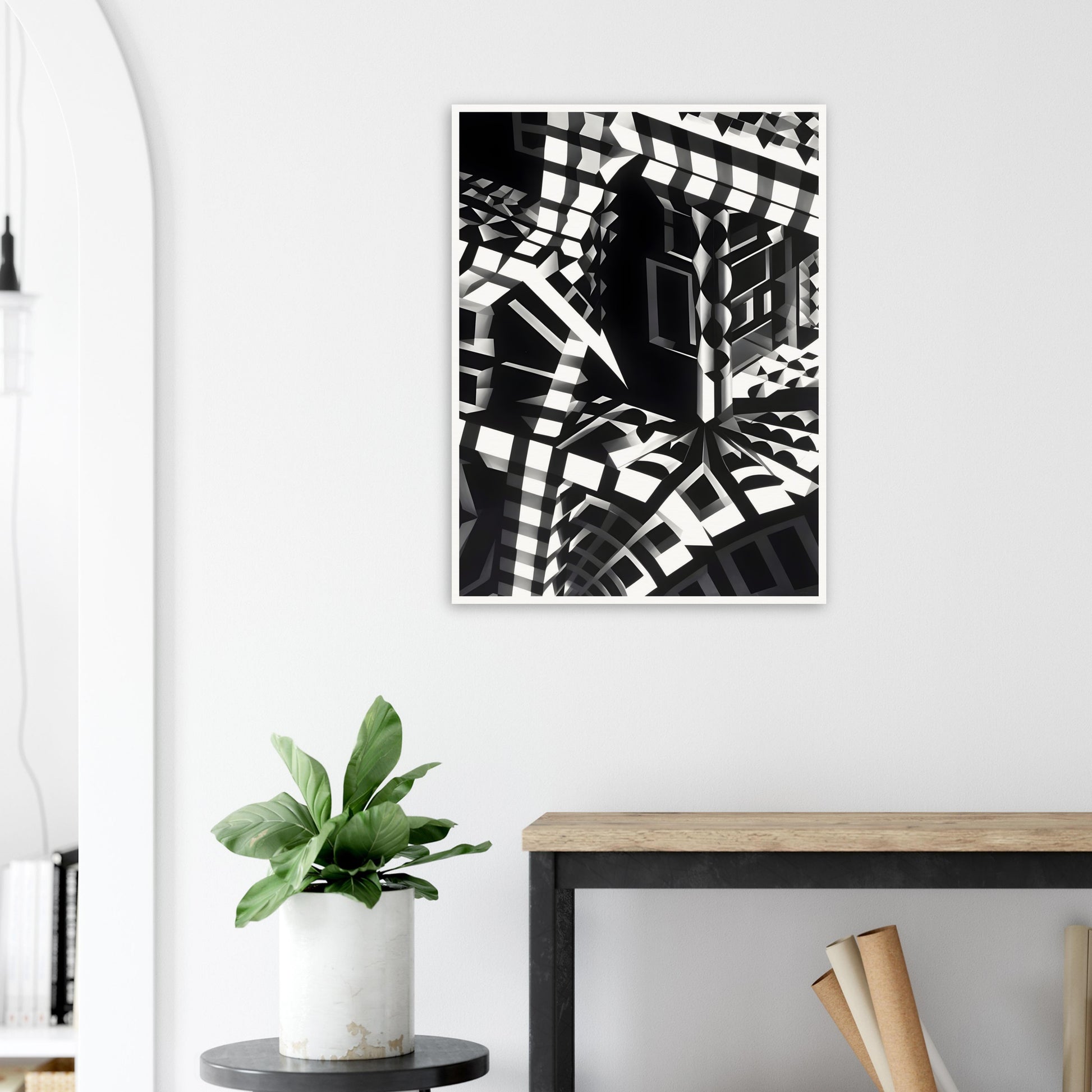 A striking black-and-white geometric composition with sharp angular patterns, distorted perspectives, and abstract architectural elements creating an optical illusion.