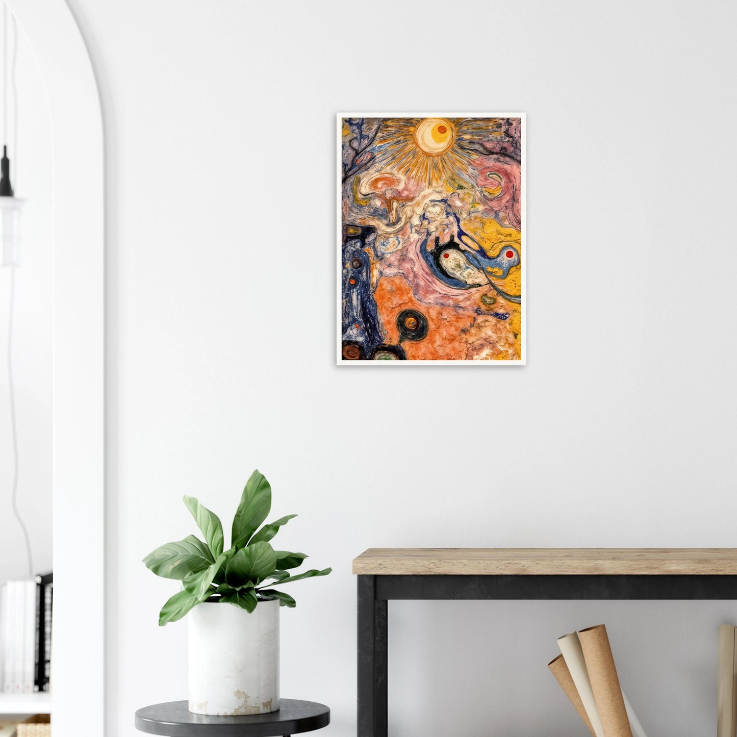 An abstract cosmic-inspired painting featuring a radiant sunburst at the top, swirling organic forms, flowing textures, and vibrant hues of gold, pink, blue, cream, and black that evoke a dreamlike universe in motion.