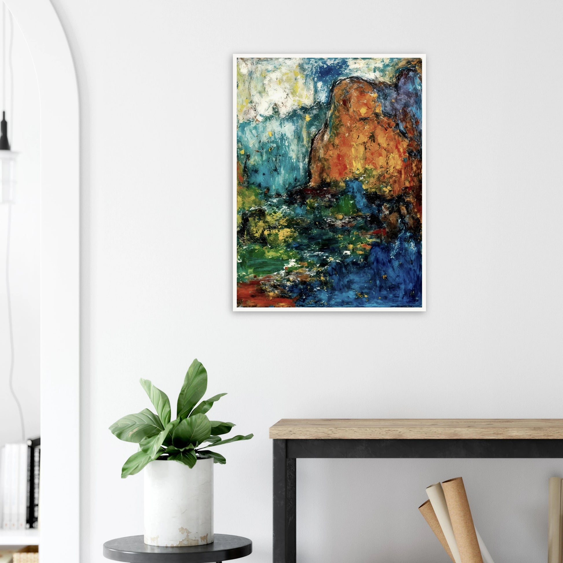 Blue falls and green pools flow between ochre cliffs and dark rocks in a textured landscape.