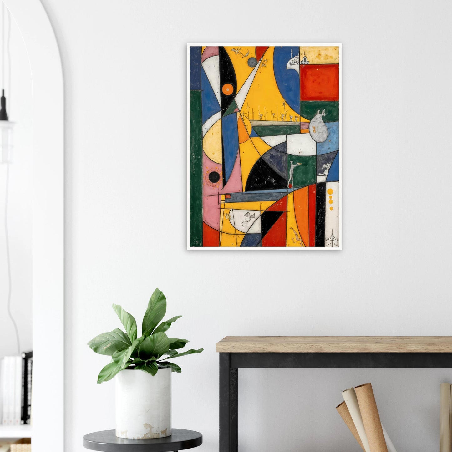 A vibrant cubist-style composition of bold yellow, blue, red, and green forms with playful symbols, layered shapes, and whimsical details.