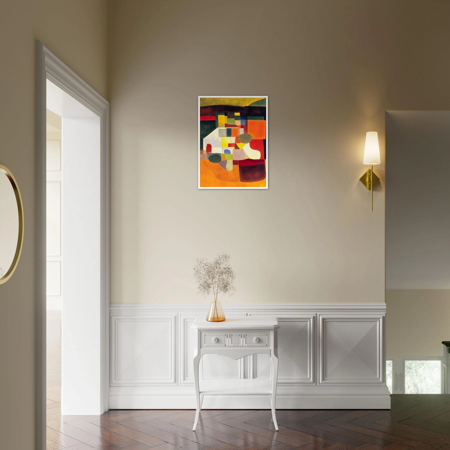 A cubist-inspired artwork of bold orange, yellow, and green shapes forming an abstract landscape of color and form.