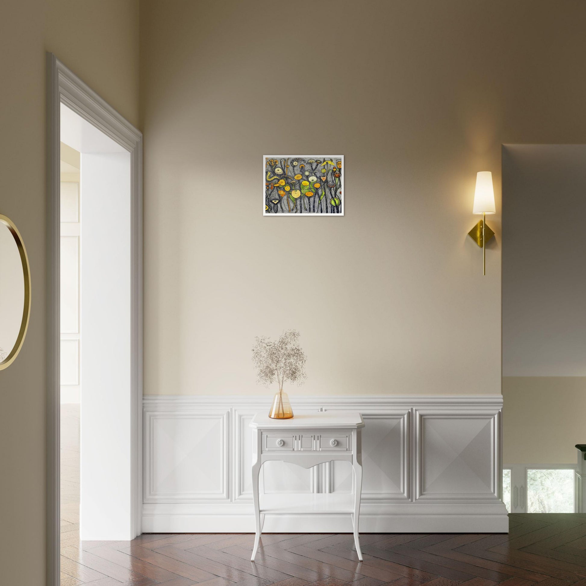 A whimsical painting of abstract flowers and plants in vibrant shades of yellow, orange, and green, set against a textured gray background.