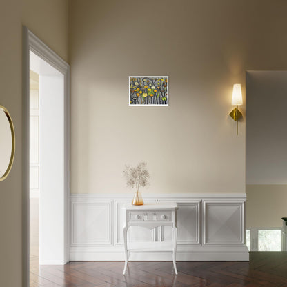 A whimsical painting of abstract flowers and plants in vibrant shades of yellow, orange, and green, set against a textured gray background.