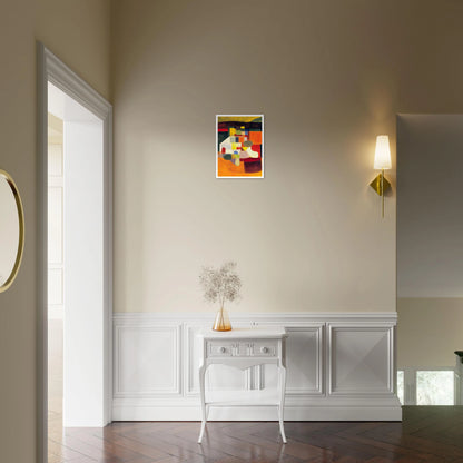 A cubist-inspired artwork of bold orange, yellow, and green shapes forming an abstract landscape of color and form.