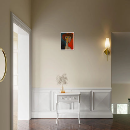 Bold-faced portrait with exaggerated features, split by warm and cool tones, exuding quiet strength and duality.