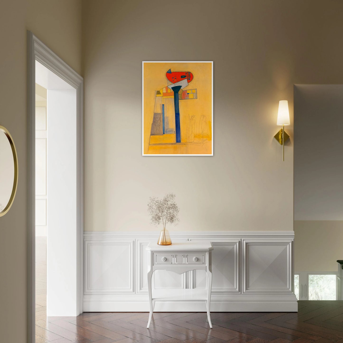 A surreal architectural painting with bold blue and red forms, fine sketches, and golden hues evoking quiet balance and tension.