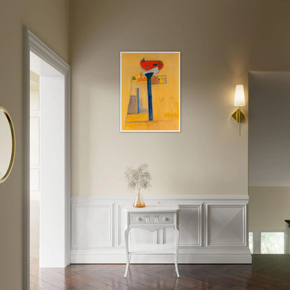 A surreal architectural painting with bold blue and red forms, fine sketches, and golden hues evoking quiet balance and tension.