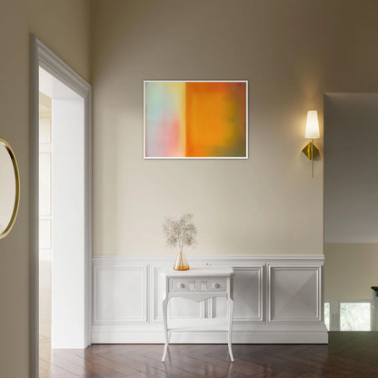 Soft luminous color field with glowing amber, pale blush, and misty light divided by a radiant vertical threshold.