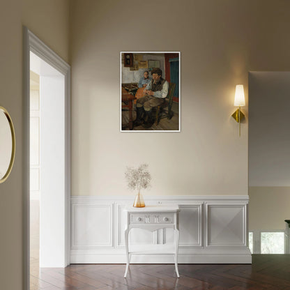 Fisherman mends a net while a woman sits behind him in a modest interior
