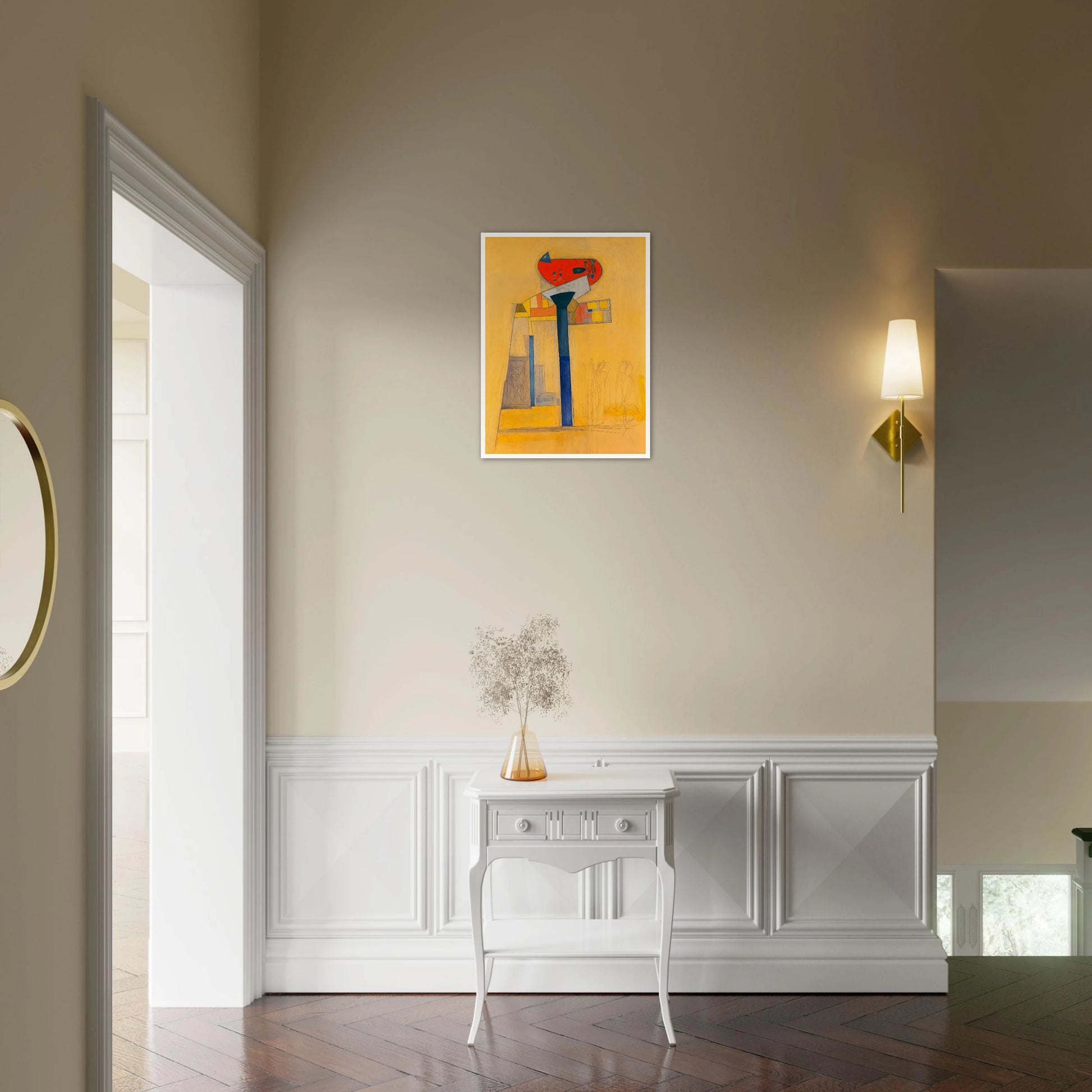 A surreal architectural painting with bold blue and red forms, fine sketches, and golden hues evoking quiet balance and tension.