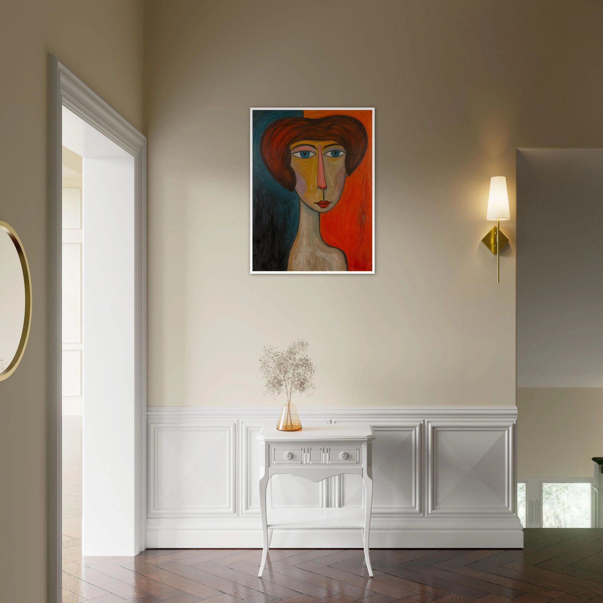 Bold-faced portrait with exaggerated features, split by warm and cool tones, exuding quiet strength and duality.