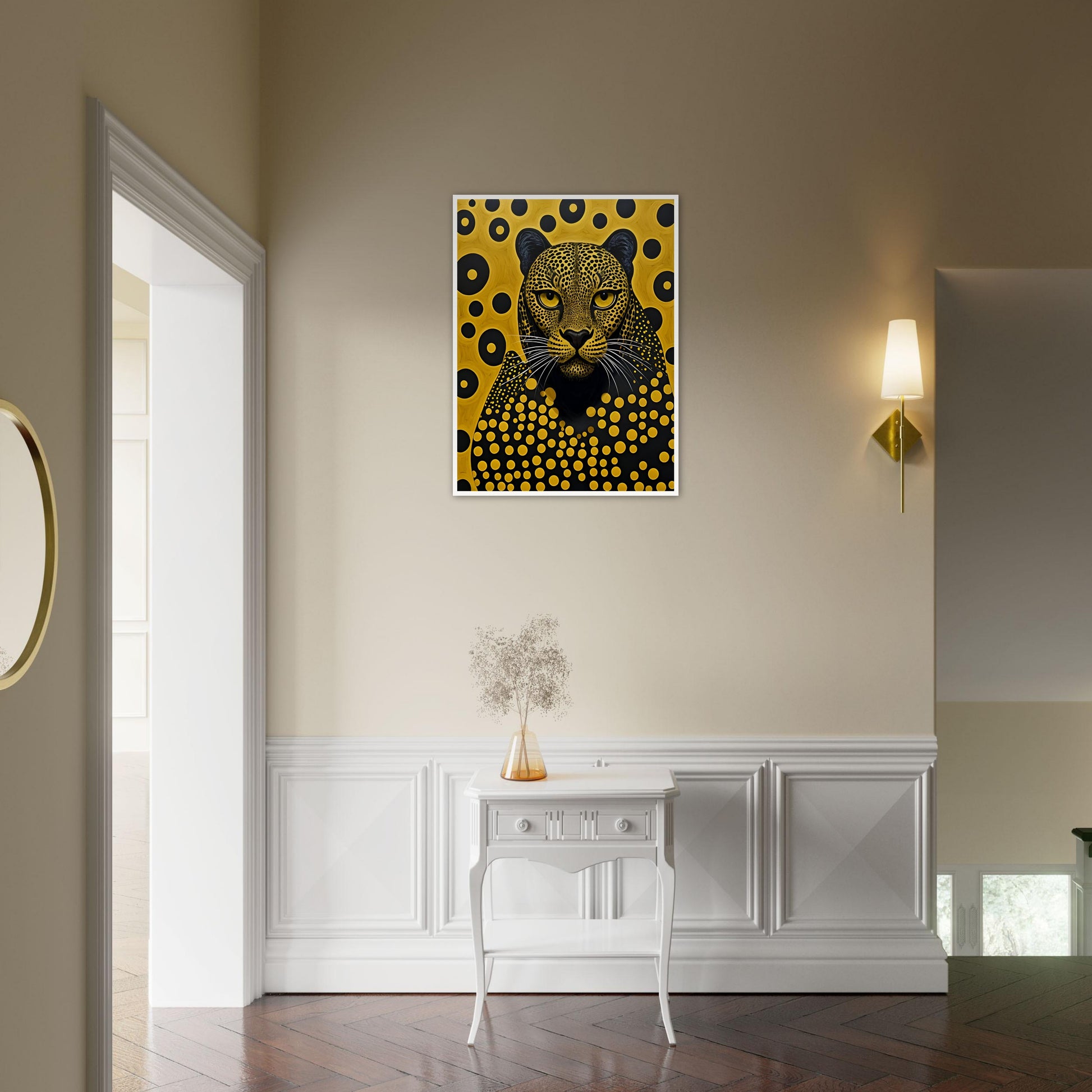 A striking portrait of a leopard with intricate golden spots, piercing eyes, and a mesmerizing geometric background of black and gold.