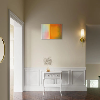Soft luminous color field with glowing amber, pale blush, and misty light divided by a radiant vertical threshold.