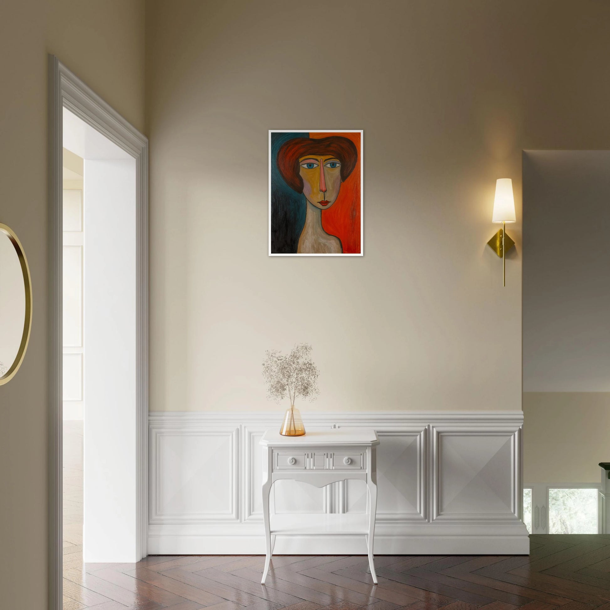 Bold-faced portrait with exaggerated features, split by warm and cool tones, exuding quiet strength and duality.