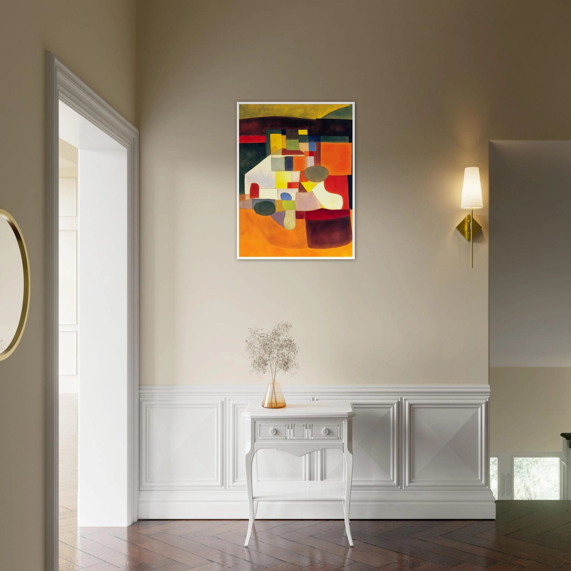 A cubist-inspired artwork of bold orange, yellow, and green shapes forming an abstract landscape of color and form.