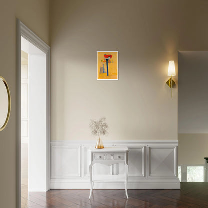 A surreal architectural painting with bold blue and red forms, fine sketches, and golden hues evoking quiet balance and tension.