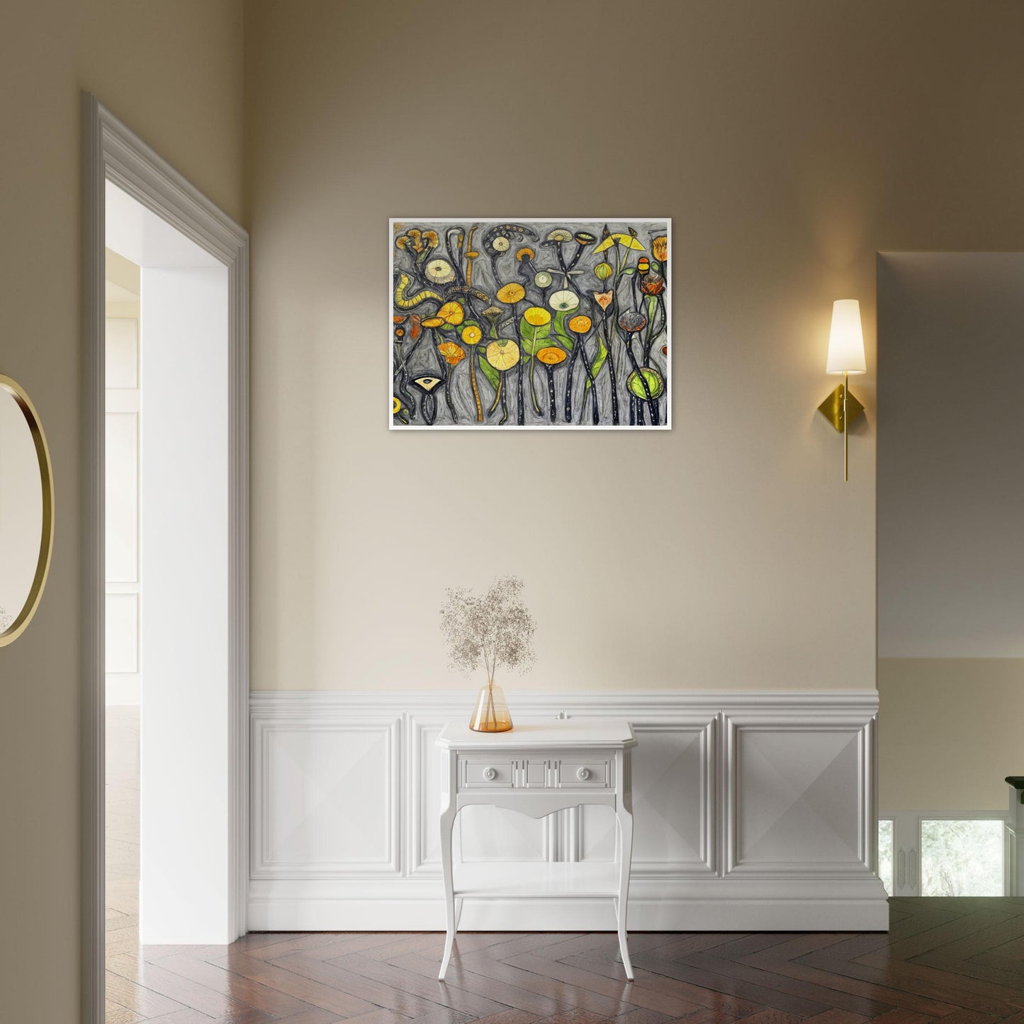 A whimsical painting of abstract flowers and plants in vibrant shades of yellow, orange, and green, set against a textured gray background.