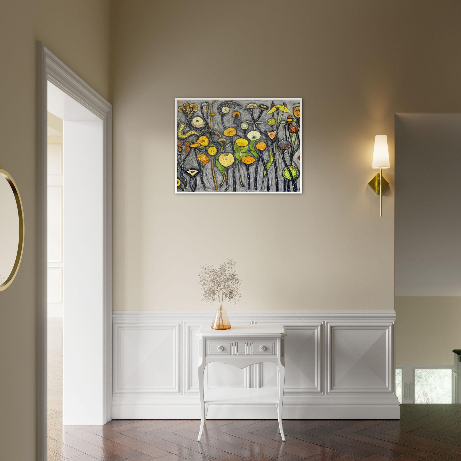 A whimsical painting of abstract flowers and plants in vibrant shades of yellow, orange, and green, set against a textured gray background.