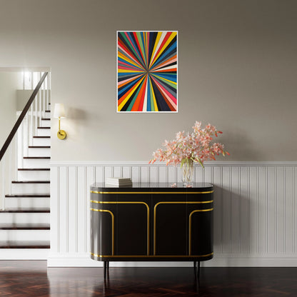 Dynamic explosion of multicolored rays converges at a central point, creating a bold visual of energy, motion, and vibrant perspective.
