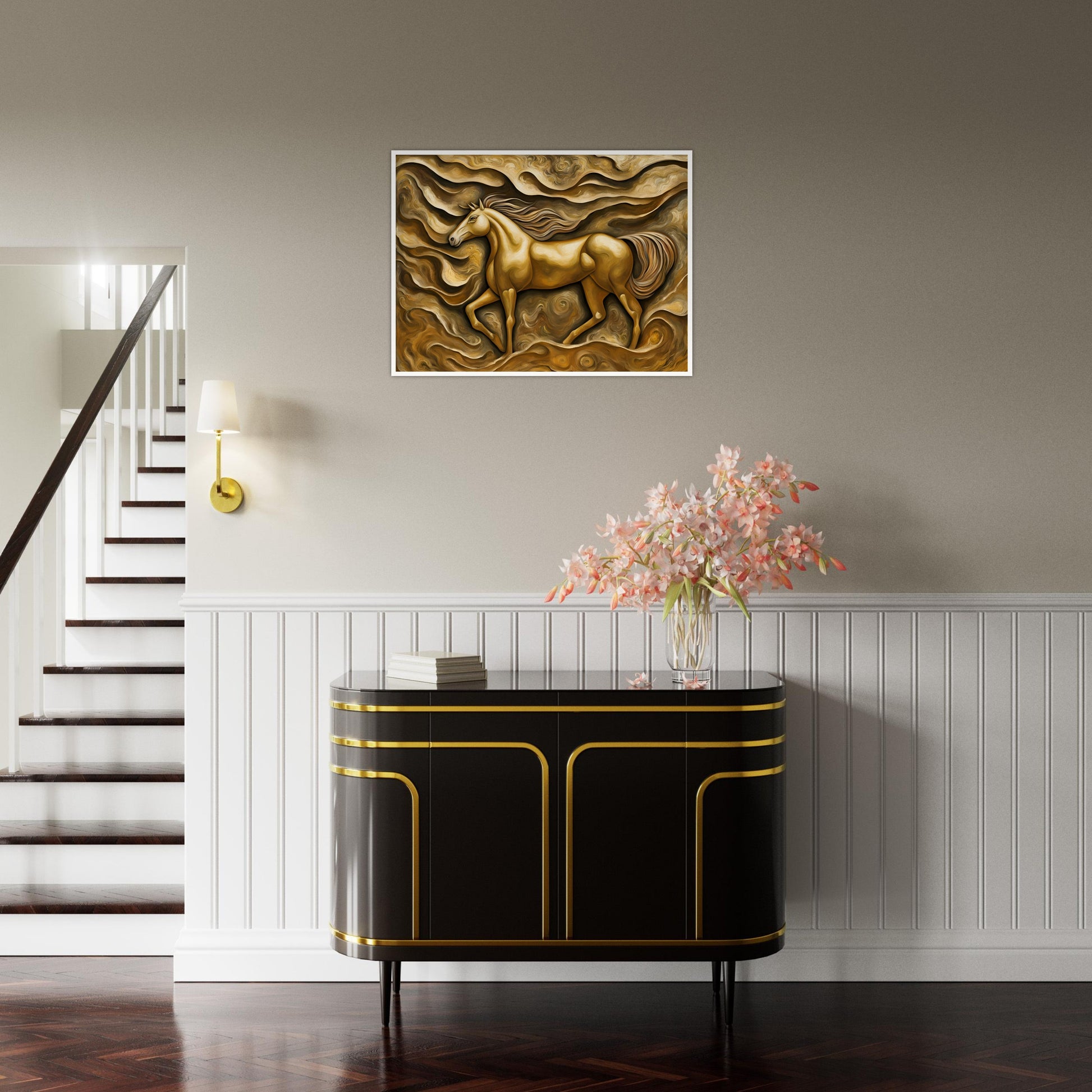 A golden horse runs through swirling, textured waves of gold and brown, embodying strength and motion with a dreamlike elegance.