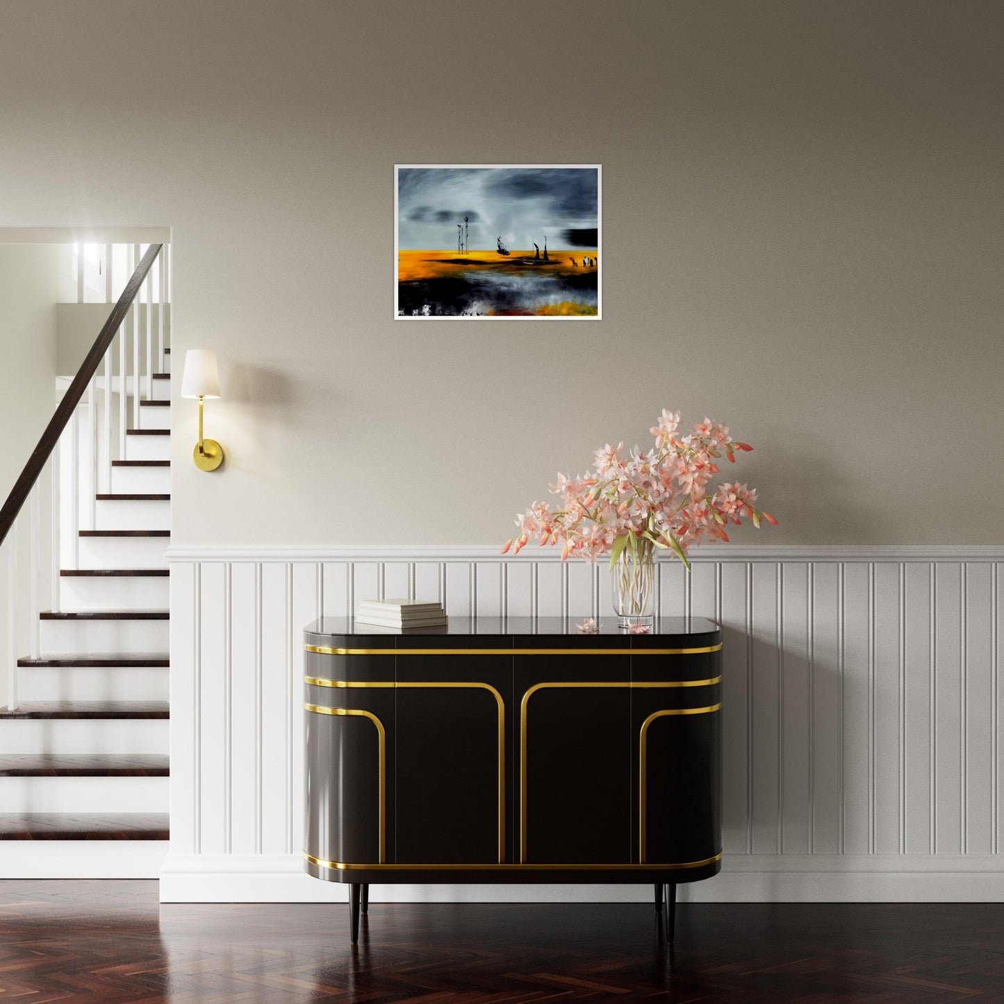 Surreal painting of a golden seascape with dark, dramatic clouds, featuring boats and abstract structures against a vivid sky.