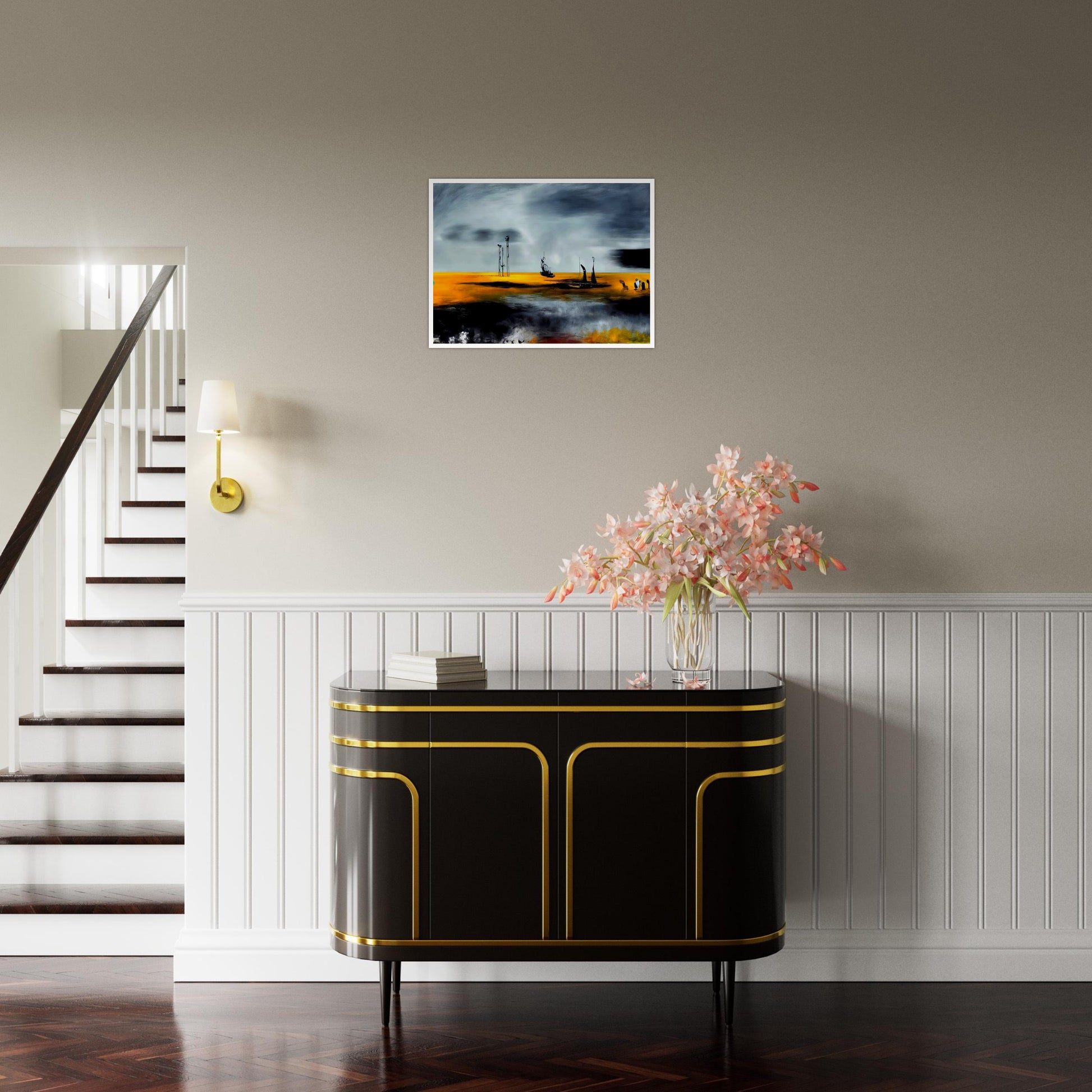 Surreal painting of a golden seascape with dark, dramatic clouds, featuring boats and abstract structures against a vivid sky.