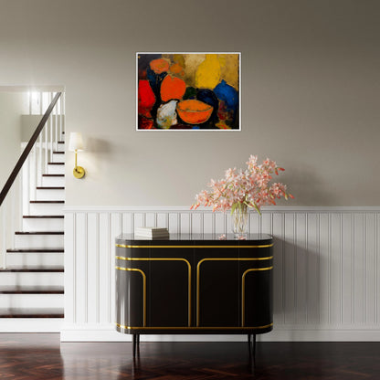 Colorful still life with yellow and blue vases, orange bowl, red fruit, and dark textured background.