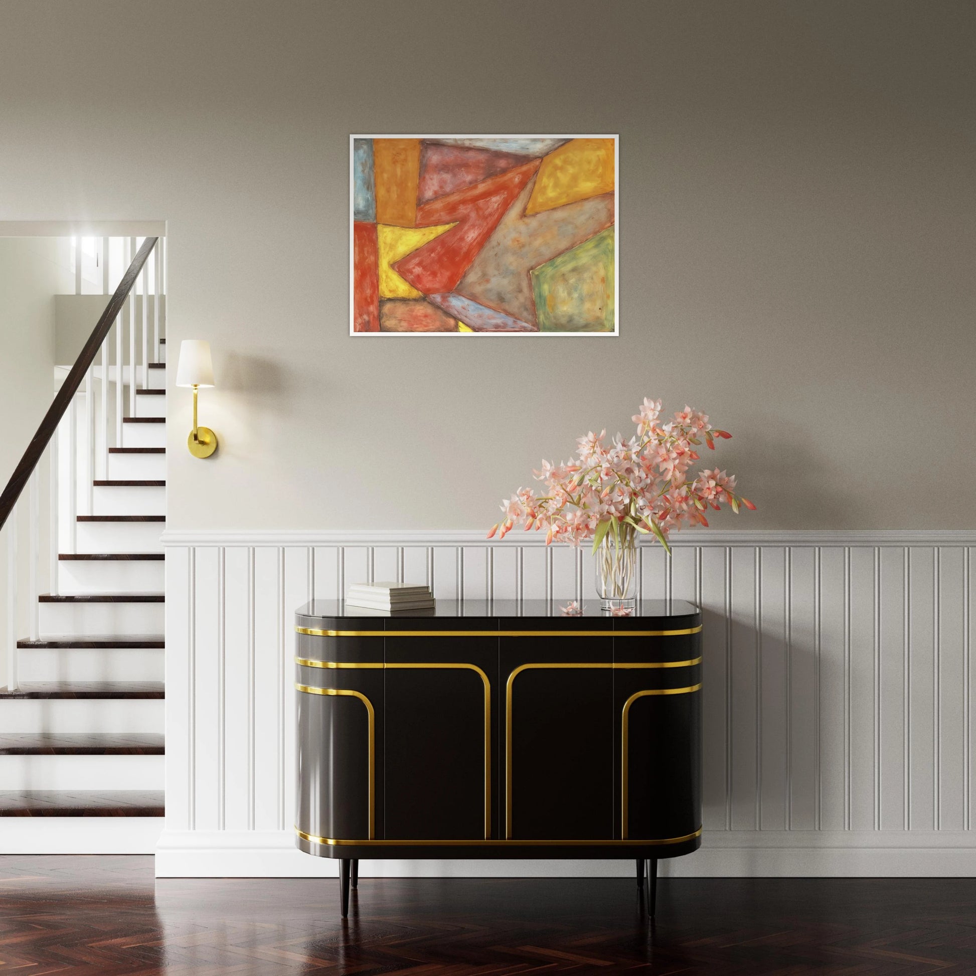 Warm red, yellow, green, and gray planes overlap in a softly textured modern composition.