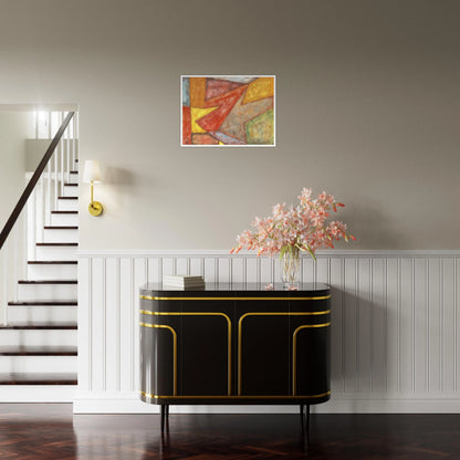Warm red, yellow, green, and gray planes overlap in a softly textured modern composition.