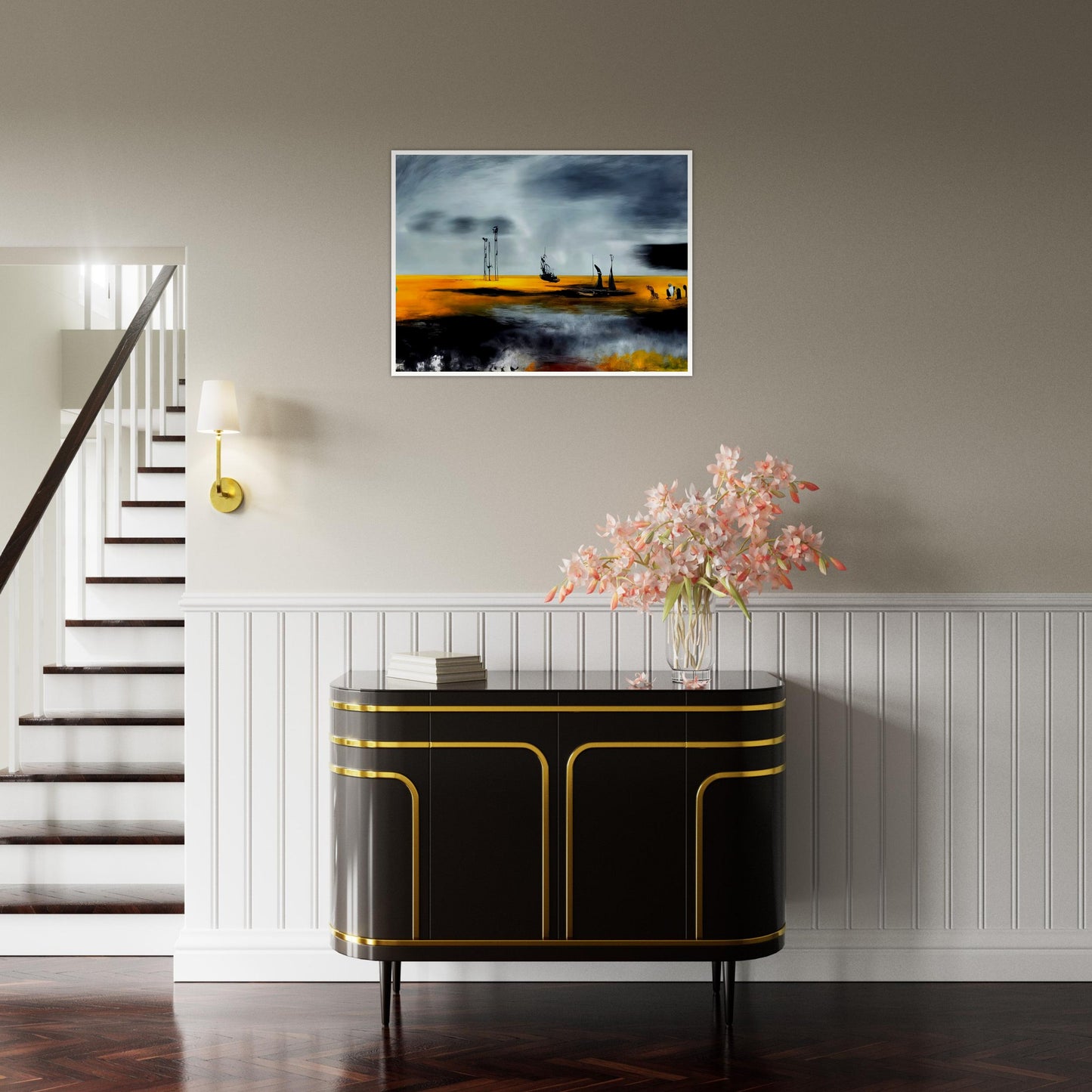Surreal painting of a golden seascape with dark, dramatic clouds, featuring boats and abstract structures against a vivid sky.
