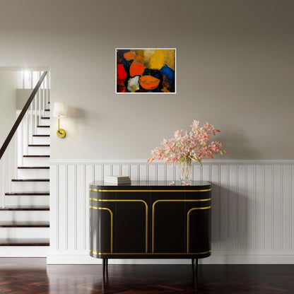 Colorful still life with yellow and blue vases, orange bowl, red fruit, and dark textured background.