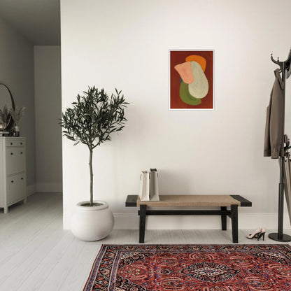 Bold layered organic figure in blush, ivory, olive, and amber rises against a deep rust field with sculptural modern presence.