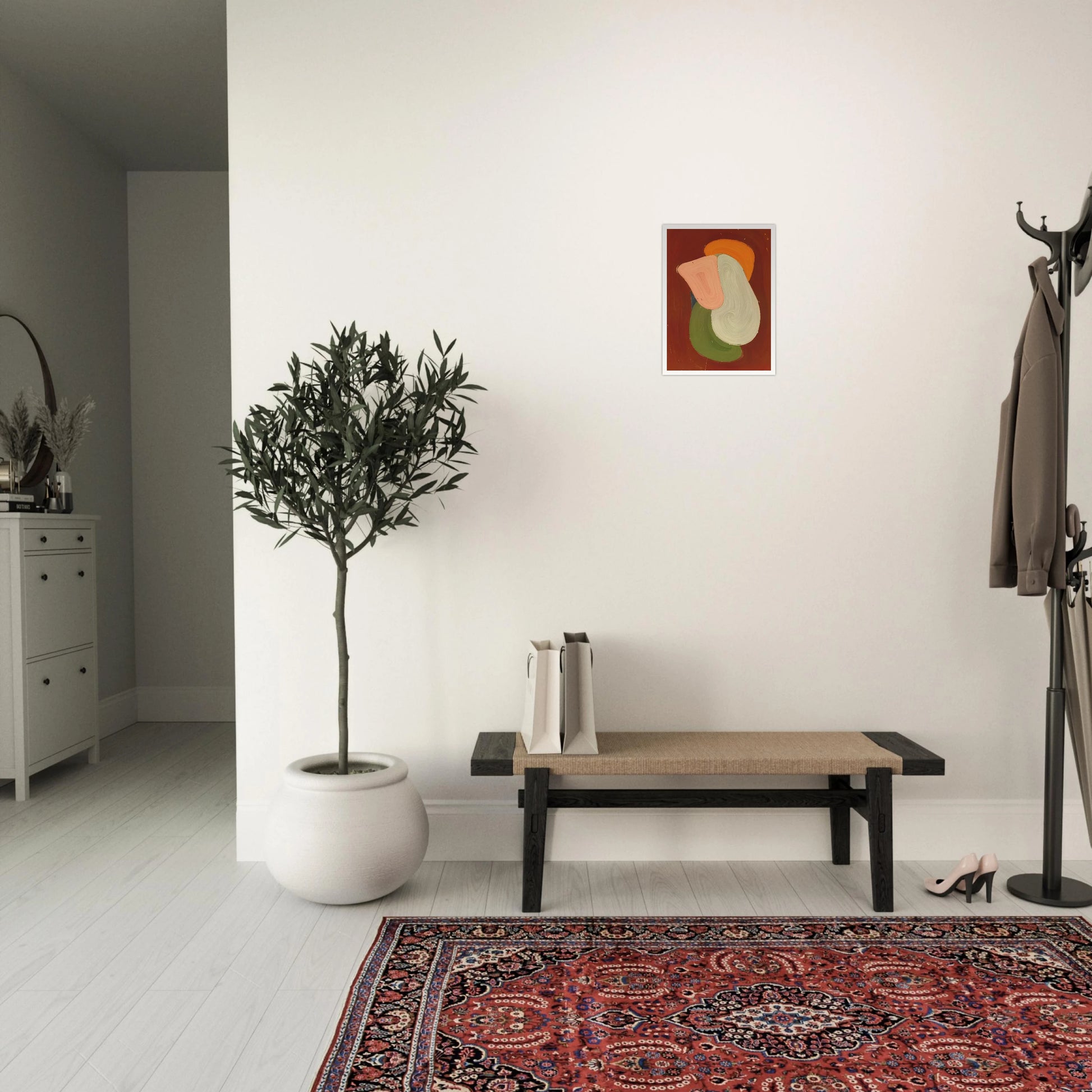 Bold layered organic figure in blush, ivory, olive, and amber rises against a deep rust field with sculptural modern presence.