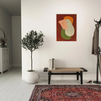 Bold layered organic figure in blush, ivory, olive, and amber rises against a deep rust field with sculptural modern presence.