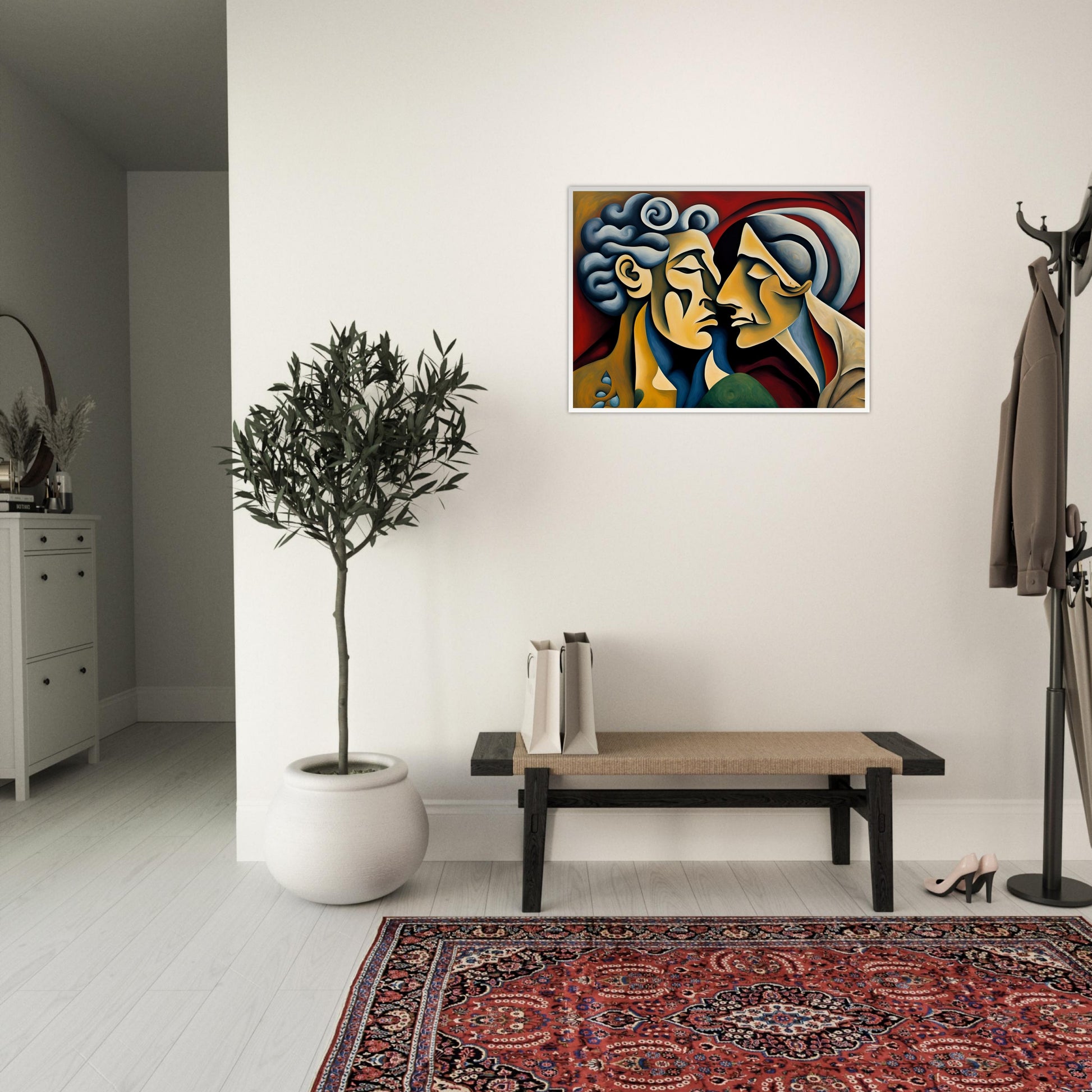 A captivating expressionist painting of two faces nearly touching, their forms blending in warm tones against a rich red background.